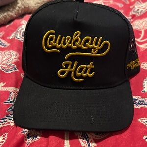 Black Trucker Cap with Gold Embroidered 'Cowboy Hat' Script